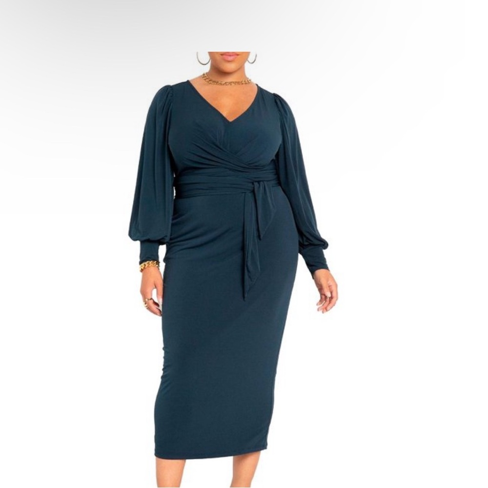 Eloquii Elegant Long Sleeve Wrap Waist Dress in Navy